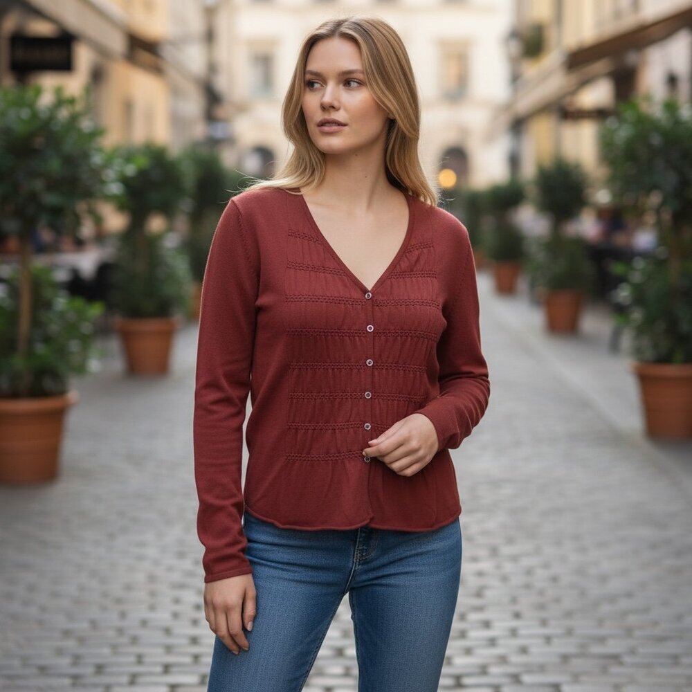 J.‎ Jill Rayon Nylon Knit Button-Down V-neck Long Sleeve Blouse S Red #229K
